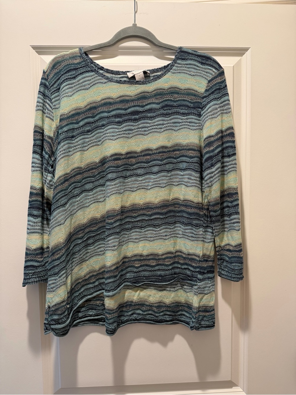 CJ Banks Blue & Cream Striped Wave Knit Top